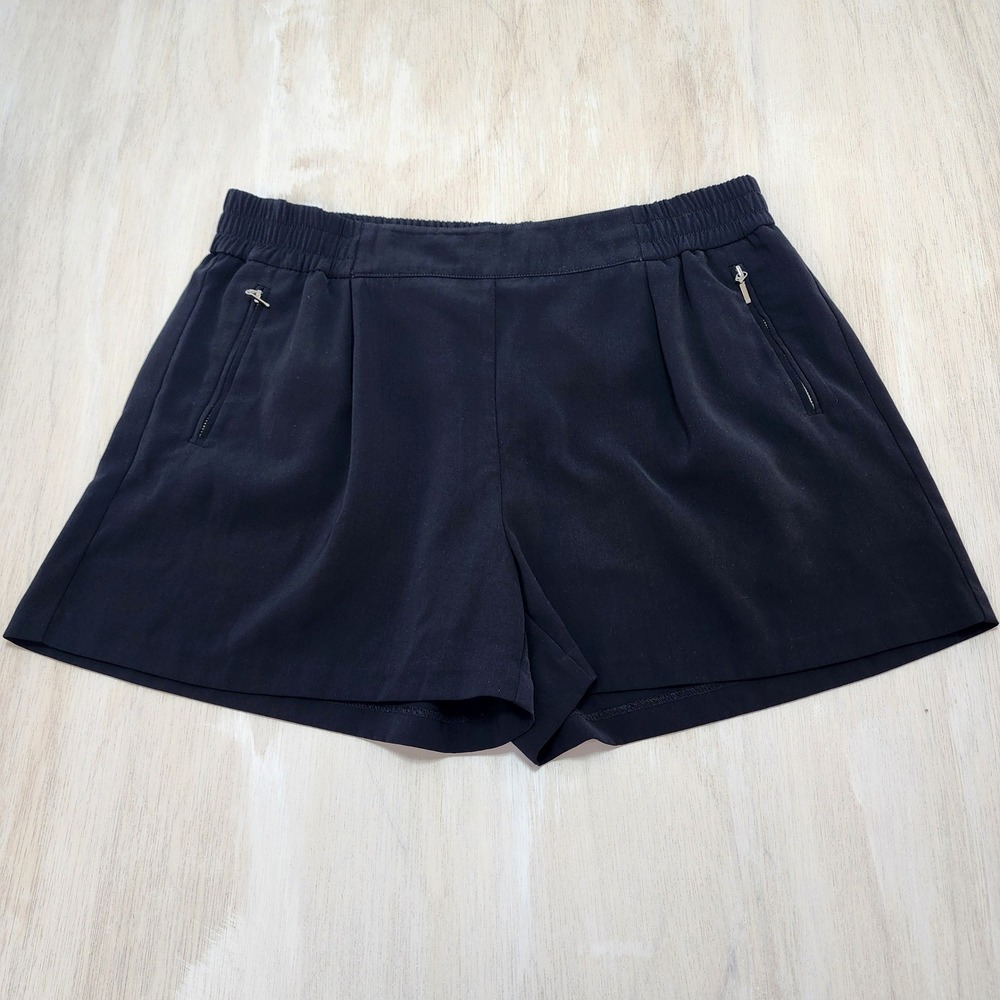 Jennifer Lopez Womens Black Pleated Dress Shorts Elastic Waist Zipper Pockets L